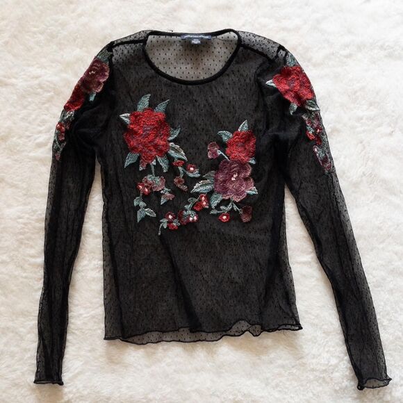 Black mesh long sleeve top with red rose embroidery from American Eagle. Size s - Picture 4 of 7
